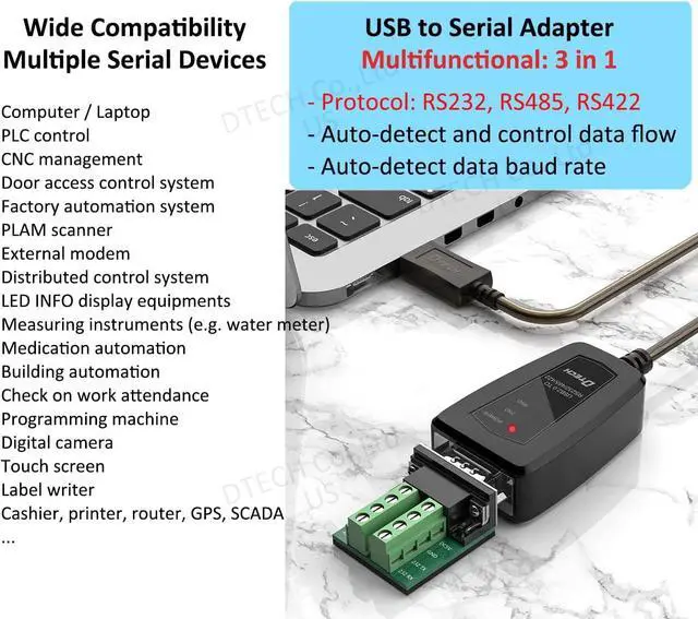 Alt view image 3 of 7 - DTech USB to Serial Adapter RS422 RS485 R232 to USB Cable (3 in 1 Interface) Supports DC 5V with Breakout Board LED Lights for Multi-Kind Control Devices Windows 11 10 8 7 XP Mac (1.5ft)
