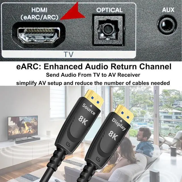 Alt view image 4 of 6 - DTECH 8K Long HDMI Cable Fiber Optic 32 ft 2.1 HDMI Cord 4K@120Hz 8K@60Hz 48Gbps Ultra High Speed Gaming HDR eARC HDCP in Wall Rated Compatible with Fire TV Soundbar PS5 PS4 Xbox 1440p 240Hz Monitor