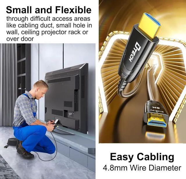 Alt view image 5 of 6 - DTECH 8K Long HDMI Cable Fiber Optic 32 ft 2.1 HDMI Cord 4K@120Hz 8K@60Hz 48Gbps Ultra High Speed Gaming HDR eARC HDCP in Wall Rated Compatible with Fire TV Soundbar PS5 PS4 Xbox 1440p 240Hz Monitor
