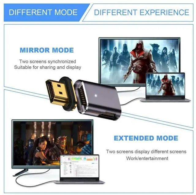 Alt view image 4 of 7 - HDMI 2.1 Magnetic Connector, HDMI Male to Female 90 Degree Right Side 8K@60Hz 4K@120Hz 48Gbps High Speed Gold Plated Gender Change Adapter