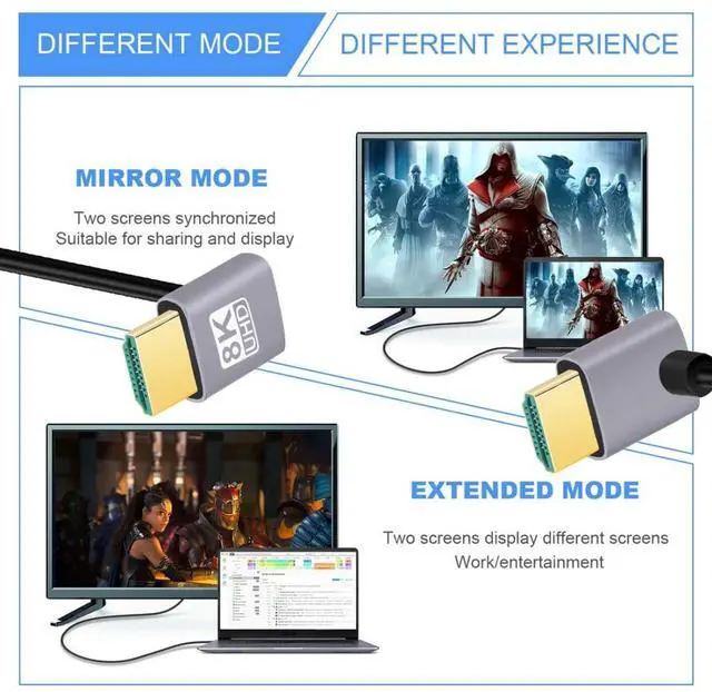 Alt view image 3 of 7 - HDMI 2.1 Cable,HDMI 90 Degree UP Angled Male to Male 90 Degree Down Angled 8K@60Hz 4K@120Hz 48Gbps Ultra High-Speed Gold-Plated Cable 0.5M