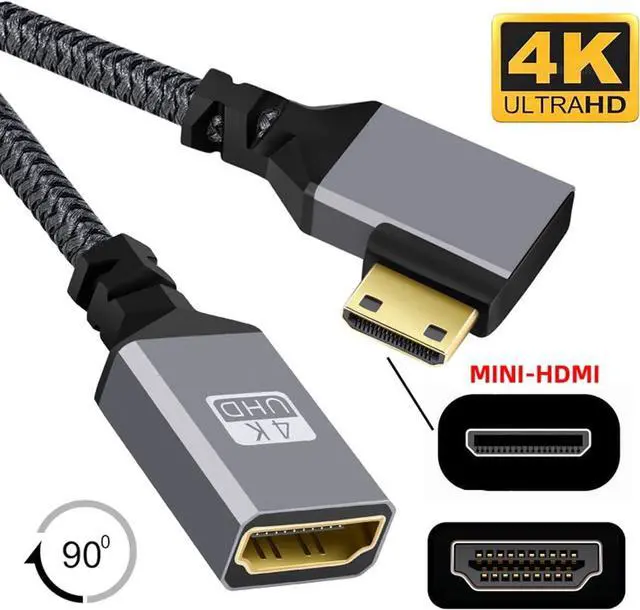 Alt view image 3 of 7 - CY Mini HDMI to HDMI Cable,Mini HDMI 1.4 Male to HDMI Female 4K Extension Cable 90 Degree Right Angled