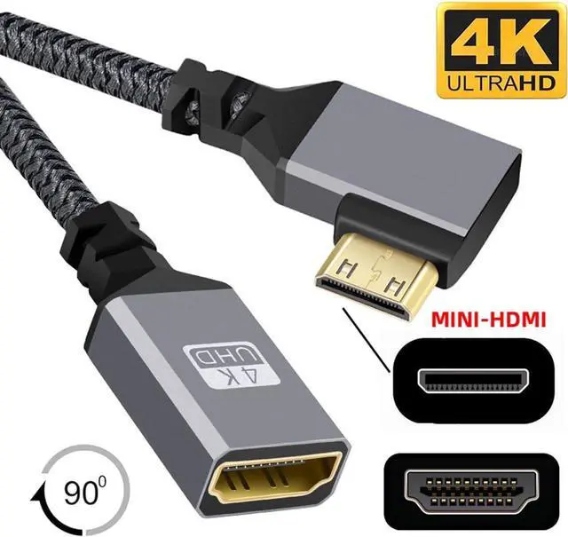 Alt view image 3 of 7 - CY Mini HDMI to HDMI Cable,Mini HDMI 1.4 Male to HDMI Female 4K Extension Cable 90 Degree Left Angled