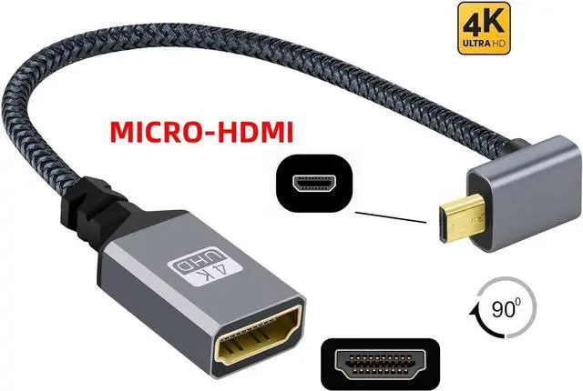 Alt view image 3 of 7 - CY Micro HDMI to HDMI Cable,Micro HDMI 1.4 Male to HDMI Female 4K Extension Cable 90 Degree UP Angled
