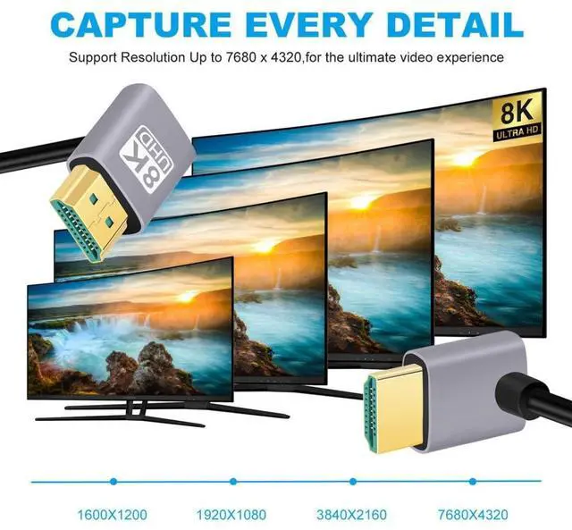 Alt view image 2 of 7 - HDMI 2.1 Cable,HDMI Male to Male Dual 90 Degree UP Angled 8K@60Hz 4K@120Hz 48Gbps Ultra High-Speed Gold-Plated Cable 0.5M for TV, Monitor, Computer