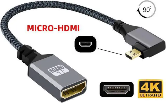 Alt view image 2 of 7 - CY Micro HDMI to HDMI Cable,Micro HDMI 1.4 Male to HDMI Female 4K Extension Cable 90 Degree Right Angled