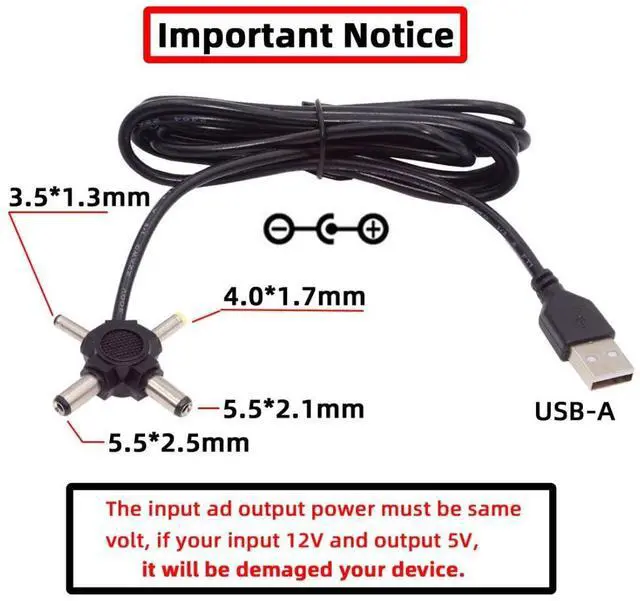 Alt view image 2 of 7 - 4 in 1 DC 5V 5.5x2.5mm 5.5x2.1mm 4.0x1.7mm 3.5x1.3mm to USB 2.0 Power Plug Barrel Connector Charge Cable 1.5M