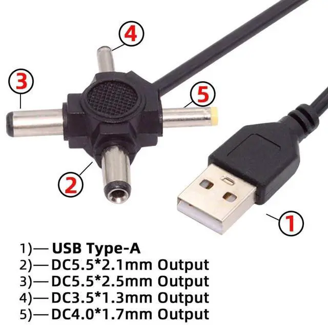 Alt view image 4 of 7 - 4 in 1 DC 5V 5.5x2.5mm 5.5x2.1mm 4.0x1.7mm 3.5x1.3mm to USB 2.0 Power Plug Barrel Connector Charge Cable 1.5M