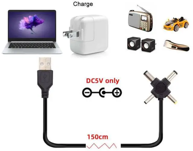 Alt view image 5 of 7 - 4 in 1 DC 5V 5.5x2.5mm 5.5x2.1mm 4.0x1.7mm 3.5x1.3mm to USB 2.0 Power Plug Barrel Connector Charge Cable 1.5M