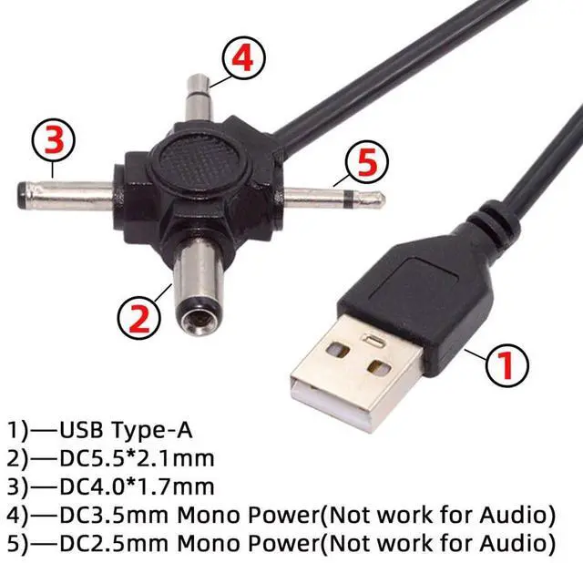 Alt view image 4 of 7 - 4 in 1 DC 5V 5.5x2.1mm 4.0x1.7mm Mono 3.5mm 2.5mm to USB 2.0 Power Plug Barrel Connector Charge Cable 1.5M