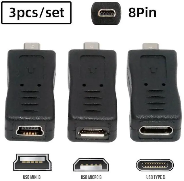 Alt view image 2 of 7 - 3 Pack Mini 8Pin to USB 2.0 Adapter,USB C/Mini USB/Micro USB to Mini 8Pin Data Transfer Charging Converter Adapter