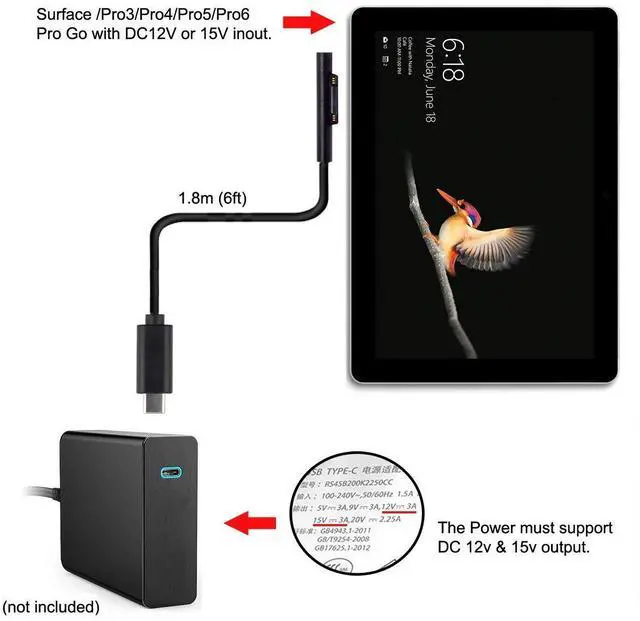 Alt view image 2 of 7 - USB C to DC 12-15V Surface Pro3 Pro4 Pro5 Pro6 Book PD 65W Charge Cable
