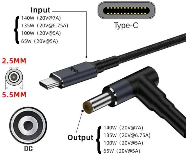 Alt view image 2 of 7 - USB C to DC 5.5x2.5mm 20V Power 65W 100W 135W 140W PD Charge Cable for Laptop