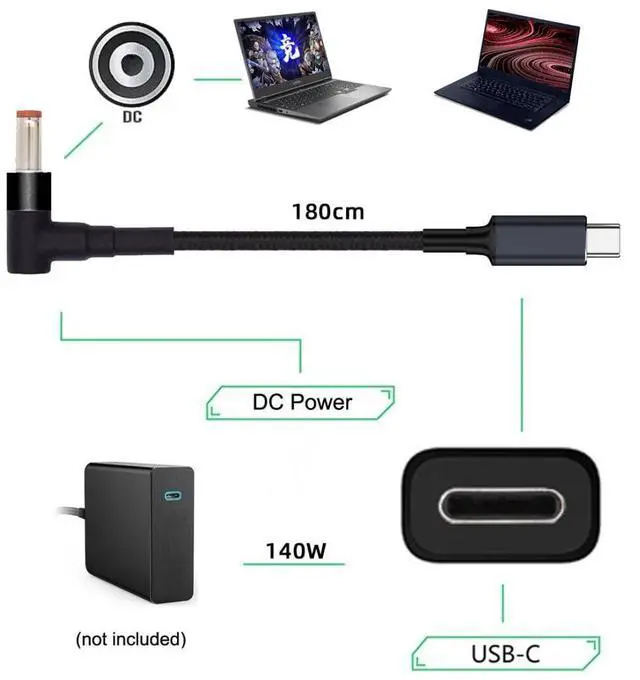 Alt view image 5 of 7 - USB C to DC 5.5x2.5mm 20V Power 65W 100W 135W 140W PD Charge Cable for Laptop