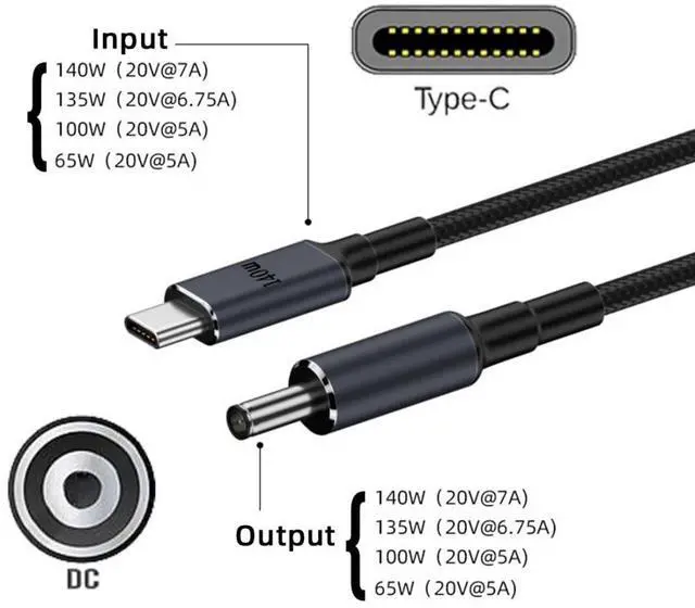 Alt view image 2 of 7 - USB C to DC 5.5x2.1mm 20V Power 65W 100W 135W 140W PD Charge Cable for Laptop