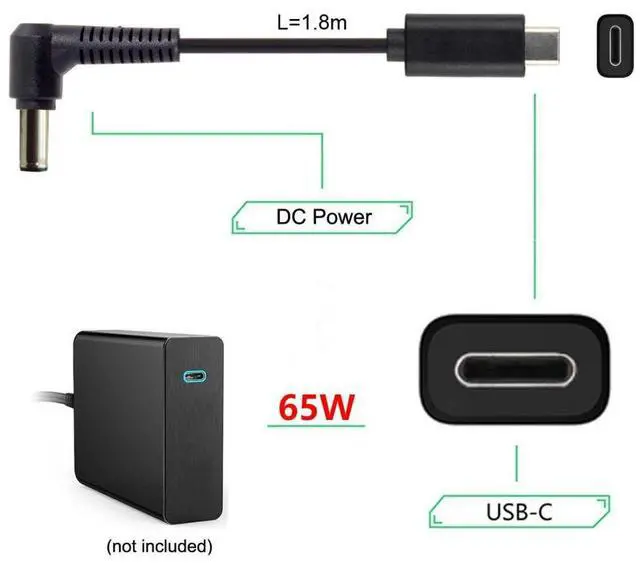 Alt view image 3 of 7 - USB C to DC 6.0x1.4mm Power PD 65W Charge Cable for Laptop Notebook