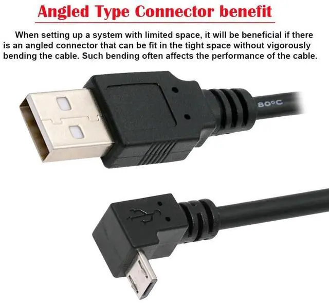Alt view image 4 of 7 - USB to Micro USB Cable,USB 2.0 Male to Micro USB 5Pin Male Charge Data Transfer 90 Degree Down Angled Extension Cable 4.92FT/1.5M