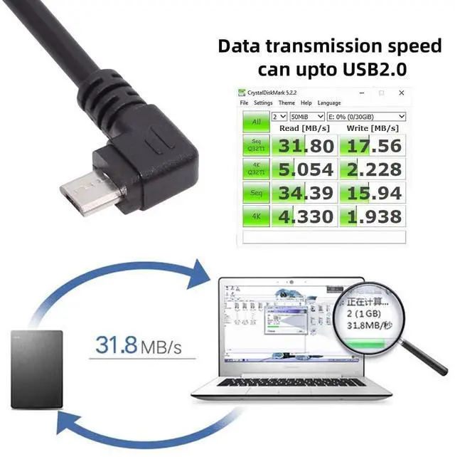 Alt view image 3 of 7 - USB to Micro USB Cable,USB 2.0 Male to Micro USB 5Pin Male Charge Data Transfer 90 Degree Left Angled Extension Cable 0.65FT/0.2M