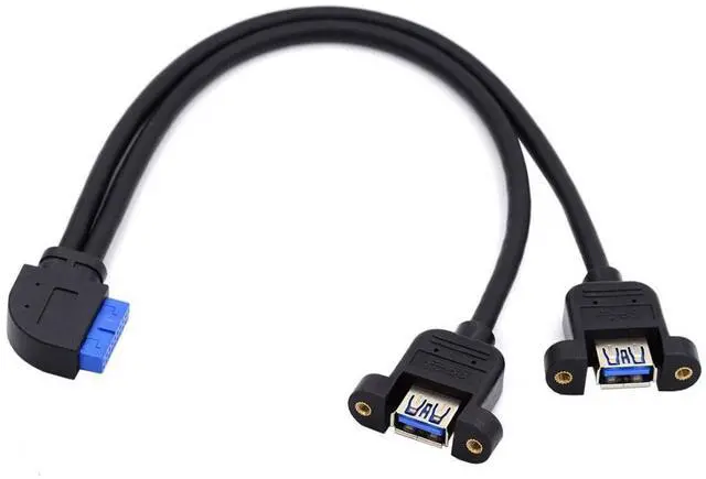 Main image of 2 Ports USB 3.0 Female to Motherboard 20Pin Male Cable for Front Panel Screw Mount Type 30cm 90 Degree Right Angled