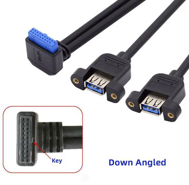 Alt view image 2 of 7 - 2 Ports USB 3.0 Female to Motherboard 20Pin Male Cable for Front Panel Screw Mount Type 30cm 90 Degree Down Angled