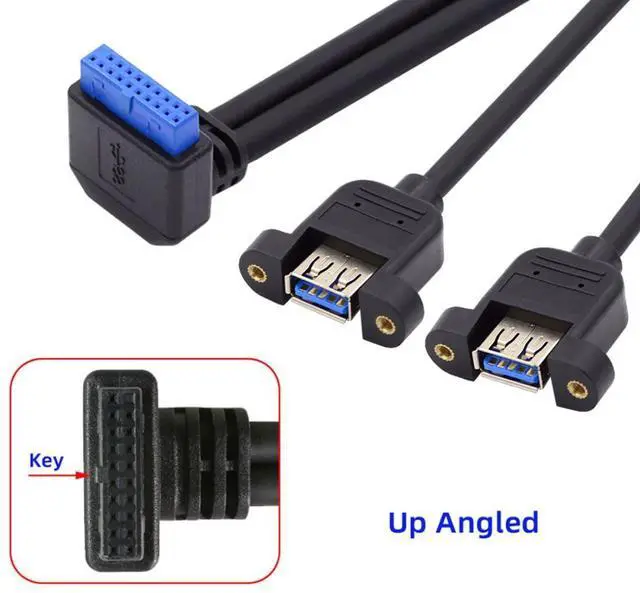 Alt view image 2 of 7 - 2 Ports USB 3.0 Female to Motherboard 20Pin Male Cable for Front Panel Screw Mount Type 30cm 90 Degree UP Angled