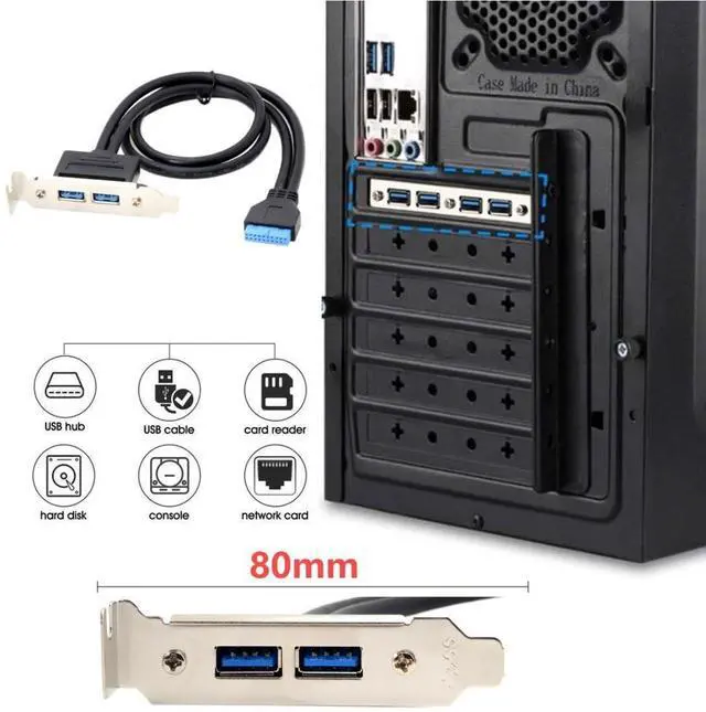 Alt view image 2 of 7 - USB 3.0 Front Panel Header 19/20Pin 1 Male to 2 USB 3.0 Female Chassis Back Panel Port Extension Cable 50cm with 80mm PCI-E Slot Bracket