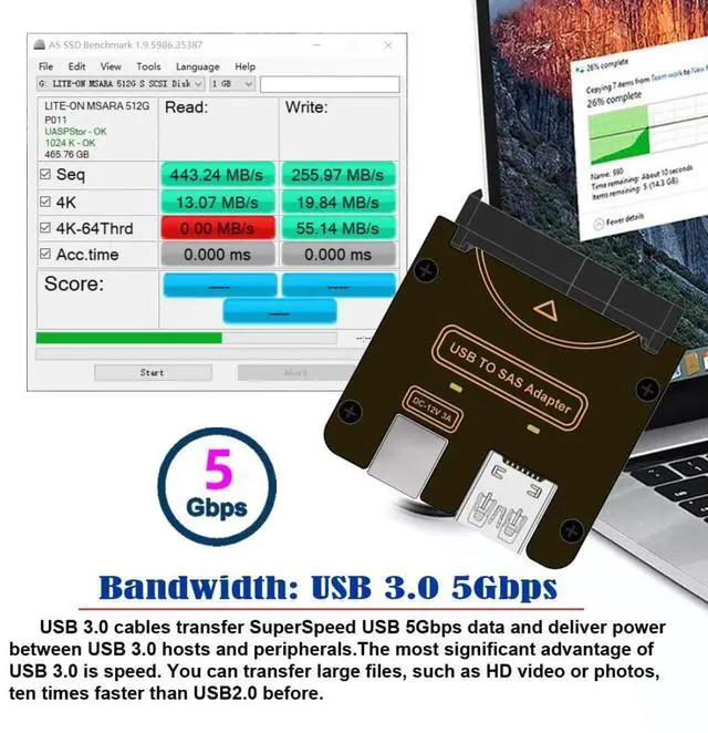 Alt view image 3 of 7 - USB 3.0 to SAS Adapter for 2.5/3.5" SFF-8482 SAS Hard Disks to USB Converter Adapter Without Power Supply (Need Power Supply to Work)