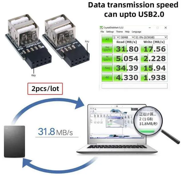 Alt view image 6 of 7 - 2 Pack USB 2.0 Front Panel Header 9/10Pin 1 Male to 2 USB 2.0 Female 90 Degree Angled Mainboard Header Port Extension Adapter