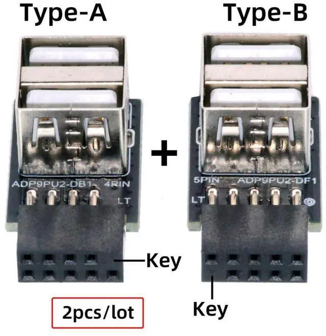 Alt view image 5 of 7 - 2 Pack USB 2.0 Front Panel Header 9/10Pin 1 Male to 2 USB 2.0 Female 90 Degree Angled Mainboard Header Port Extension Adapter