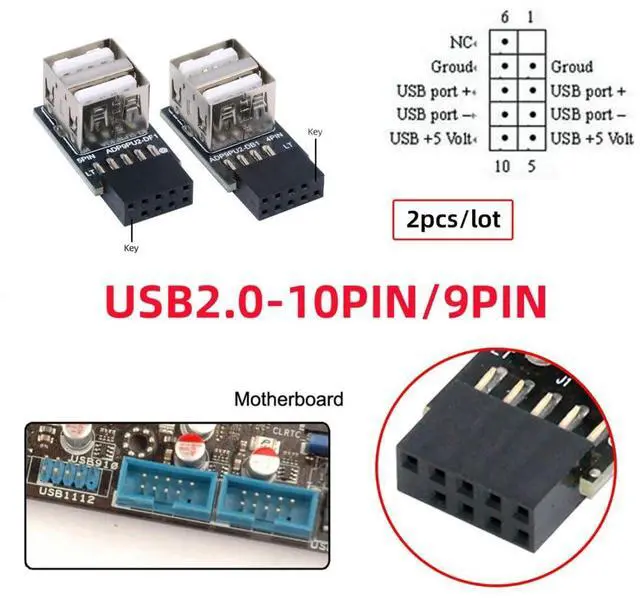 Alt view image 7 of 7 - 2 Pack USB 2.0 Front Panel Header 9/10Pin 1 Male to 2 USB 2.0 Female 90 Degree Angled Mainboard Header Port Extension Adapter
