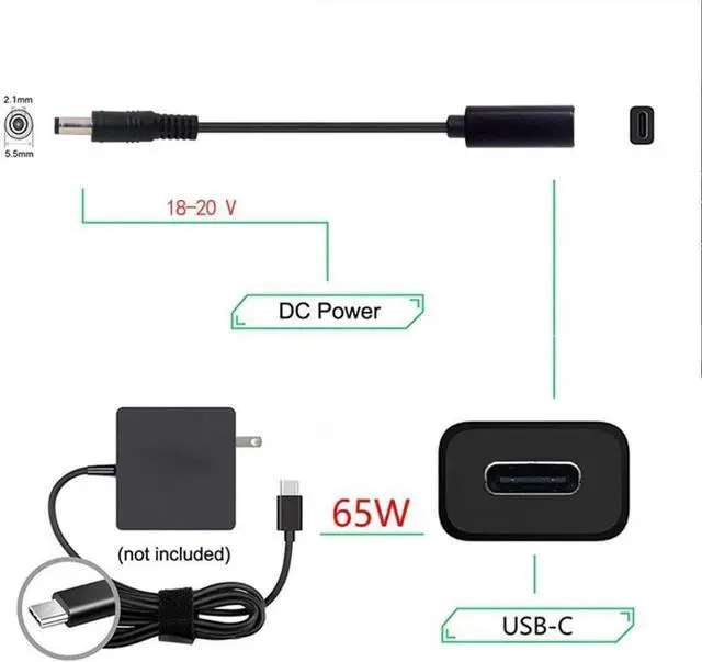 Alt view image 2 of 7 - USB C to DC 20V 5.5x2.1mm PD 65W Charge Cable Type-C Female Input to DC Output for Laptop