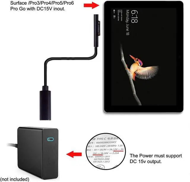 Alt view image 2 of 7 - USB C to DC 15V Surface Pro3 Pro4 Pro5 Pro6 Book Pro PD 65W Charge Cable