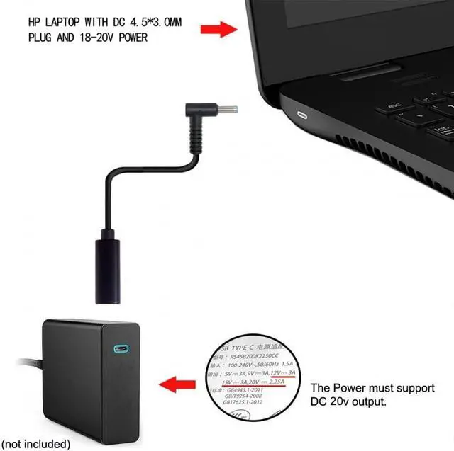 Alt view image 3 of 7 - CY USB C to DC 20V 4.5 * 3.0mm PD 65W Charge Cable for H-P Laptop