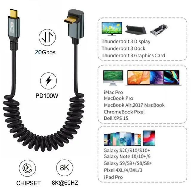 Alt view image 7 of 7 - USB C to C Coiled Cable USB 3.2 Type C 90 Degree UP Angled 20Gbps PD 100W 8K@60Hz Data Fast Charging Cable 6ft