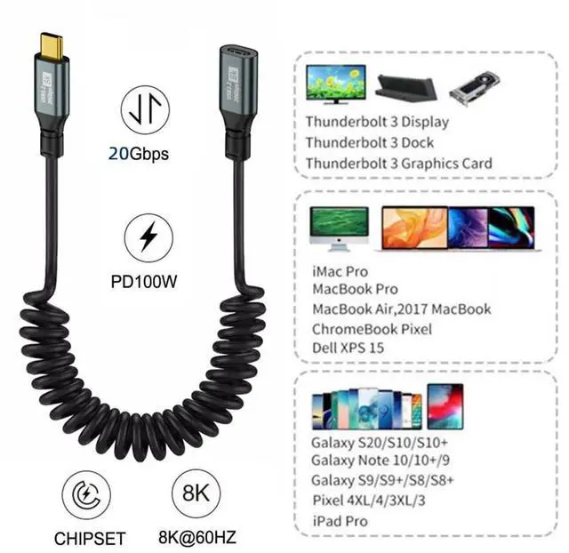 Alt view image 7 of 7 - USB C to C Coiled Cable USB 3.2 Type C Male to Female 20Gbps PD 100W 8K@60Hz Data Fast Charging Cable 6ft