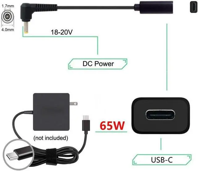 Alt view image 3 of 7 - USB C to DC 20V 4.0x1.7mm PD 65W Charge Cable for Laptop
