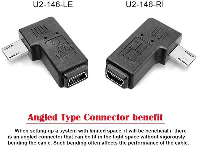 Alt view image 2 of 7 - CY 2pcs 9mm Long Connector 90 Degree Left & Right Angled Micro USB 5Pin Male to Mini USB Female Extension Adapter
