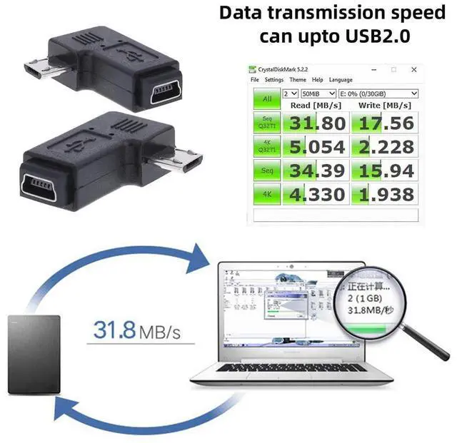 Alt view image 4 of 7 - 2 Pack Mini USB Female to Micro USB Male 90 Degree Left/Right Angled Data Sync Power Connector Adapter