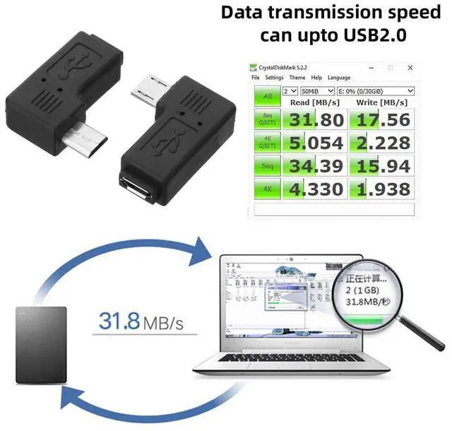 Alt view image 2 of 7 - 2 Pack Micro USB Male to Female 90 Degree Left  Right Angled Extension Connector Adapter