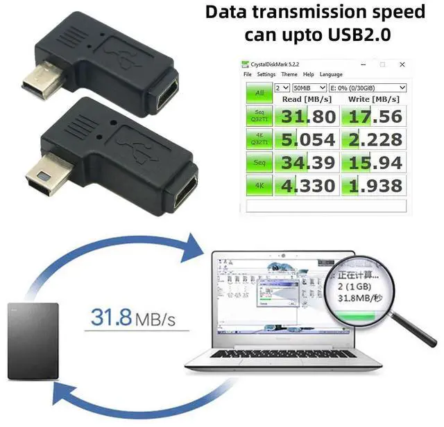 Alt view image 3 of 7 - 2 Pack Mini USB 5 Pin Male to Female 90 Degree Left & Right Angled Extension Connector Adapter