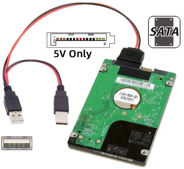 Alt view image 3 of 7 - SATA 15Pin 1 to 2 USB 2.0 Power 5V 2A Cable for 2.5 inch SATA HDD SSD Disk Driver