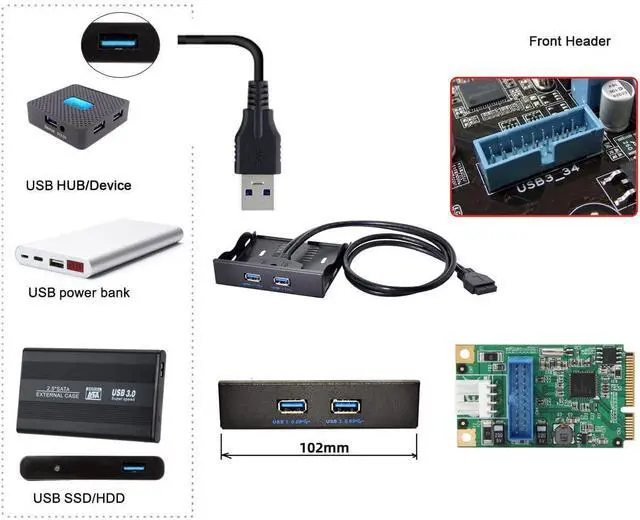 Alt view image 2 of 7 - USB 3.0 HUB Front Panel Header 19/20Pin Male 1 to 2 USB 3.0 Female Mainboard Header Port Extension Cable Adapter for PC 3.5" Floppy Bay