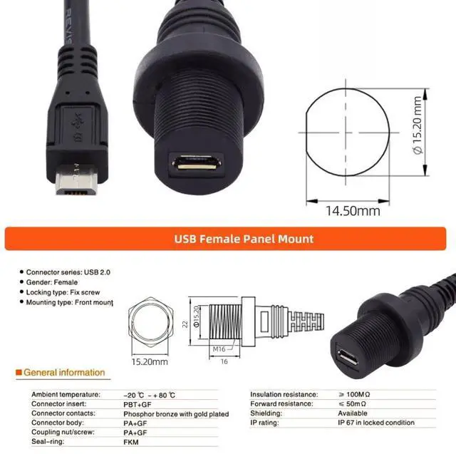 Alt view image 5 of 7 - Micro USB 5Pin Flush Mount Male to Female Extension Cable for Car Dashboard Panel Mount Waterproof Dustproof
