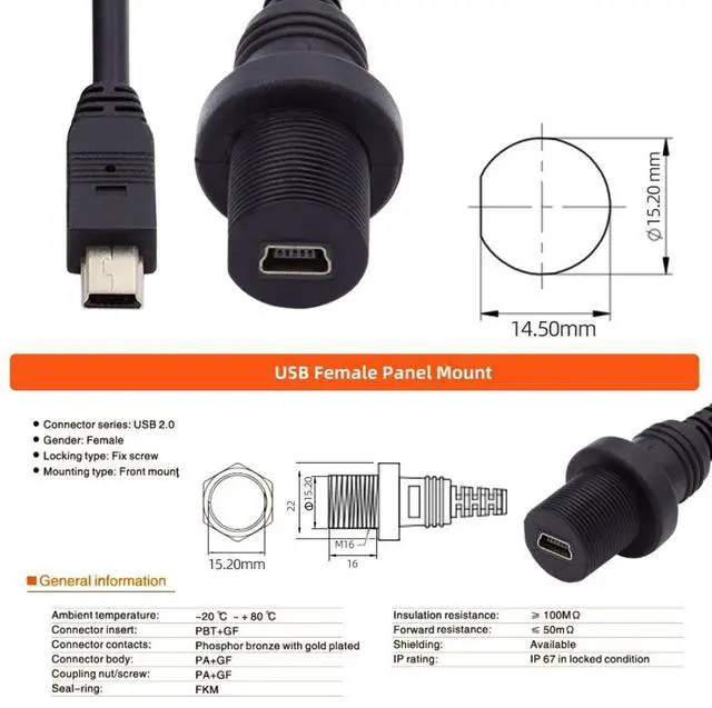 Alt view image 5 of 7 - Mini USB 5Pin Flush Mount Male to Female Extension Cable for Car Dashboard Panel Mount Waterproof Dustproof