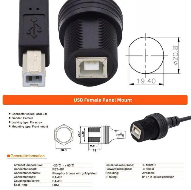 Alt view image 5 of 7 - USB 2.0 Type B Printer Scanner Flush Mount Male to Female Extension Cable for Car Dashboard Panel Mount Waterproof Dustproof