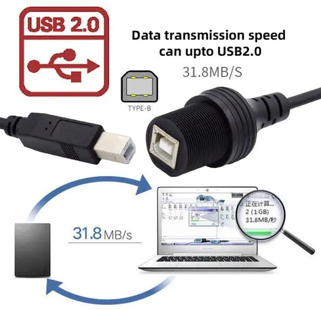 Alt view image 6 of 7 - USB 2.0 Type B Printer Scanner Flush Mount Male to Female Extension Cable for Car Dashboard Panel Mount Waterproof Dustproof