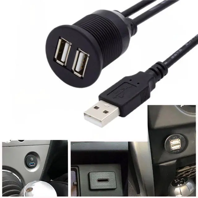 Alt view image 2 of 7 - USB 2.0 Flush Mount 1 Male to 2 Female Extension Cable for Car Dashboard Panel Mount Waterproof Dustproof