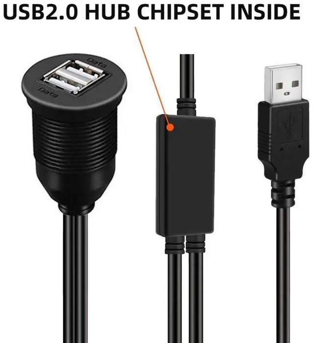 Alt view image 3 of 7 - USB 2.0 Flush Mount 1 Male to 2 Female Extension Cable for Car Dashboard Panel Mount Waterproof Dustproof