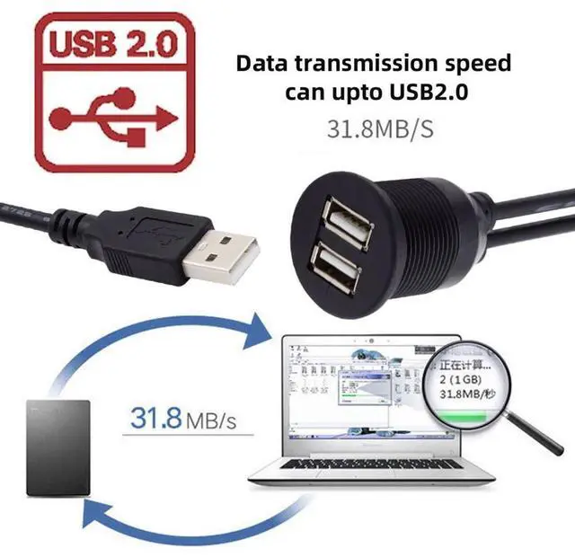 Alt view image 7 of 7 - USB 2.0 Flush Mount 1 Male to 2 Female Extension Cable for Car Dashboard Panel Mount Waterproof Dustproof