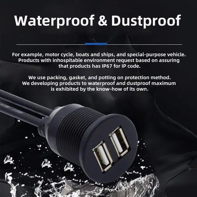 Alt view image 4 of 7 - USB 2.0 Flush Mount 1 Male to 2 Female Extension Cable for Car Dashboard Panel Mount Waterproof Dustproof